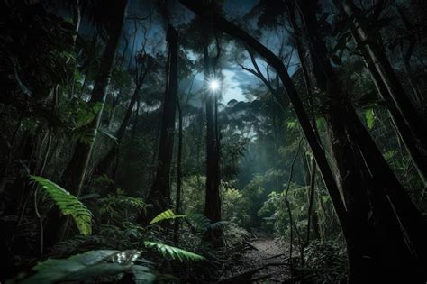 Premium Ai Image Dark Rainforest At Night With The Glow Of The Moon