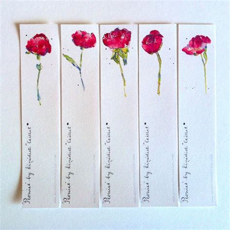 Bookmarks Set Of 5 From Original Illustrations Peonies Watercolor
