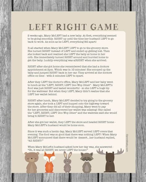 Print the story and prepare a wrapped prize. Printable Left Right Baby Shower Game - Woodland Animal ...