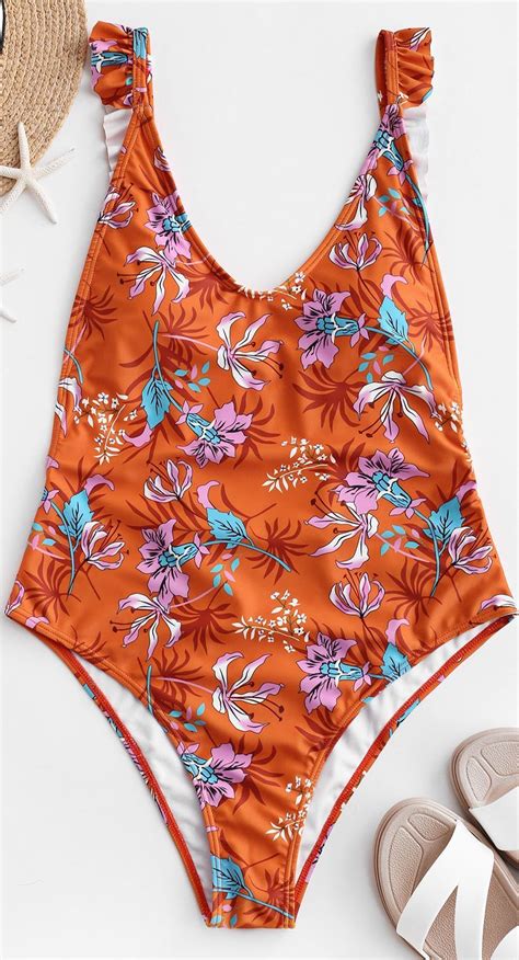 Floral Print Ruffles One Piece Swimsuit Floral Swimsuit One Piece Women S Swimwear Beaches