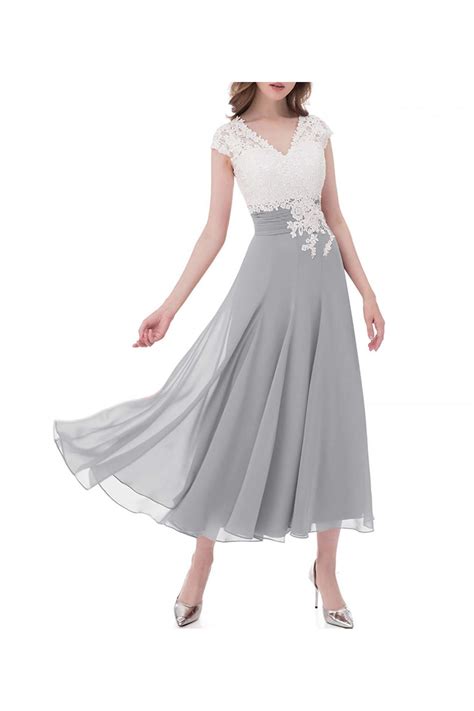 A Line V Neck Lace And Chiffon Tea Length Mother Of The Bride Dresses