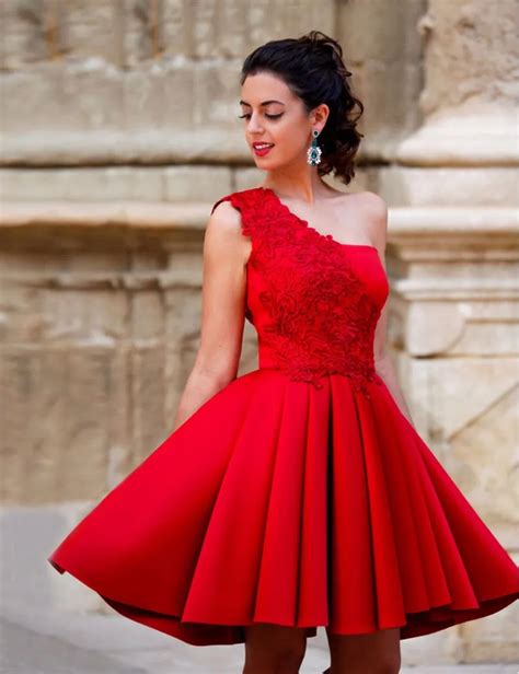 Sparkly Red One Shoulder Cocktail Dresses Lace Satin Short Party Dress Formal Gown Robe De
