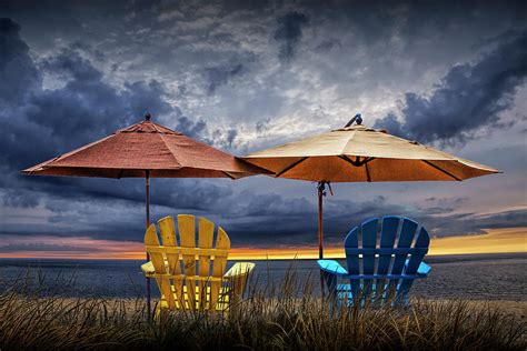 Adirondack Chairs On The Beach At Sunset Photograph By Randall Nyhof