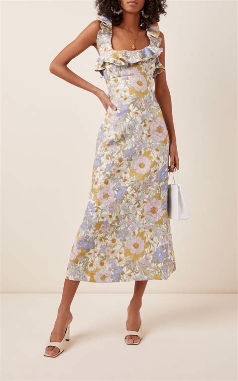 Zimmermann Ruffled Floral Print Linen Midi Dress In With Images