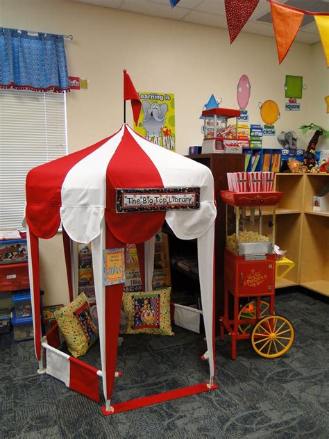 This blog post provides great decorating tips and ideas for the best circus theme yet! classroom library display | Kindergarten Klassroom: What's ...