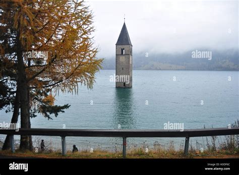 Submerged Tower Of Reschensee Church Deep In Resias Lake In Trentino