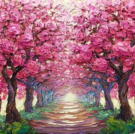 Cherry Blossom Path Acrylic Painting Trees Tree Watercolor Painting