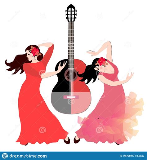 Two Spanish Girls In Long Dresses Dancing Flamenco Black Red Guitar In The Background Stock