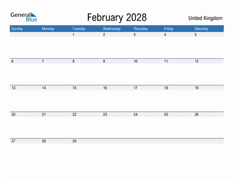 February 2028 Calendar With United Kingdom Holidays