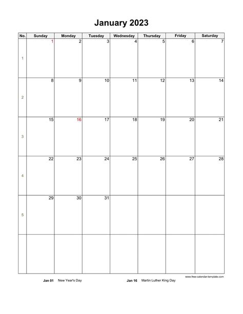 2023 January Calendar Blank Vertical Template Free Calendar