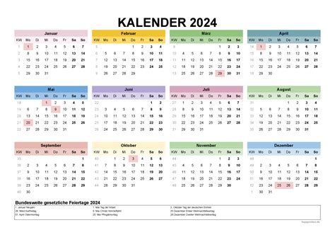 Kalender 2024 Mit Kalenderwochen Und Feiertagen Pdf Xls Png