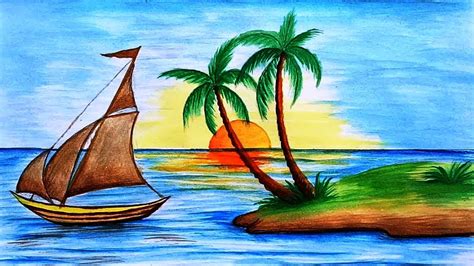 Beautiful River Scenery Drawing With Boat And Sunrise Easy Step By