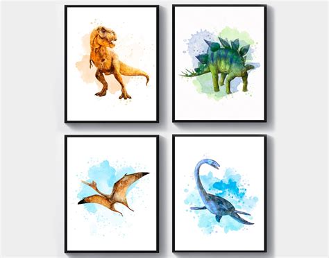 Dinosaurs Watercolor Art Jurassic Theme Art T Rex Stegosaurus Etsy