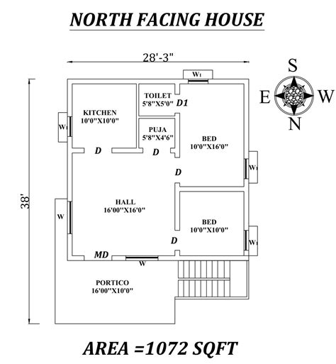 North Facing Bhk House Plan With Furniture Layout Dwg File Cadbull