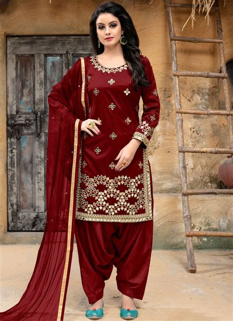 Shop Online Tafeta Silk Maroon Punjabi Suit 87994