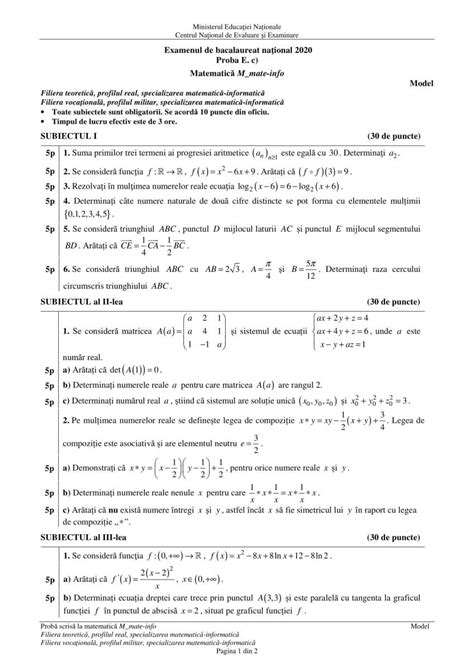Variante Bac 2020 Matematica Mate Infom1 Științem2