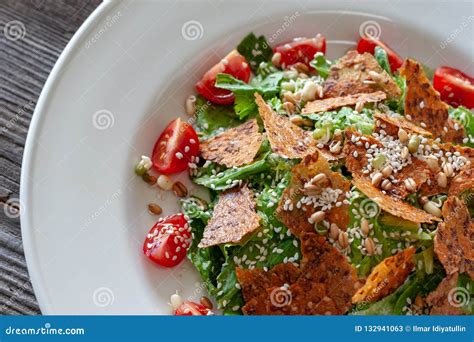 Vegetarian Dish Caesar Salad Made From Lettuce Leaves Tomatoes Stock