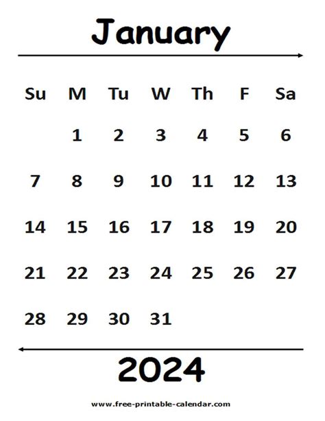 2024 January Calendar Free Printable
