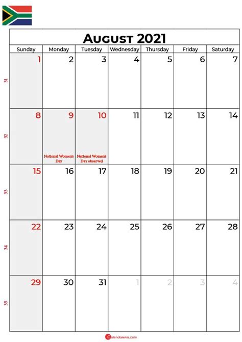 August Calendar 2021 South Africa August Calendar Calendar 2021