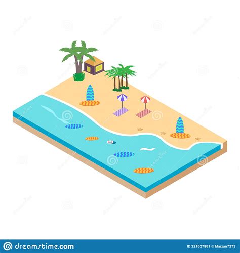 2 5d sandy beach concept vector illustration sandy beach vector with surfboard and resort