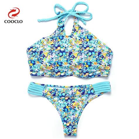 Cooclo 2019 Bikini Set Halter Flower Print Braided High Necked Swimsuit Women Swimwear Brazilian