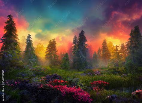Colorful Sunset Forest Scenery With Beautiful Trees And Plants Natural