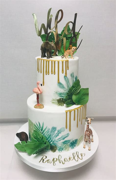 2 Tier Wild One Theme 1st Birthday Cake With Tropical Foliage And