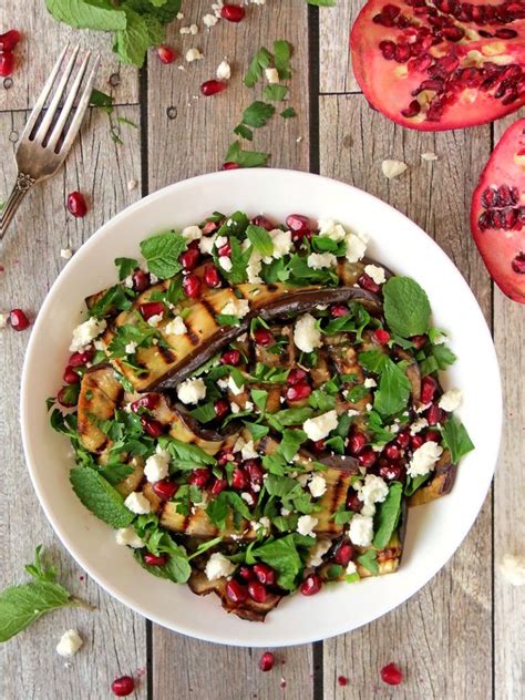 Healthy Grilled Eggplant Salad With Pomegranate Feta And Mint