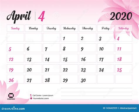 April 2020 Year Template Calendar 2020 Vector Desk Calendar Design
