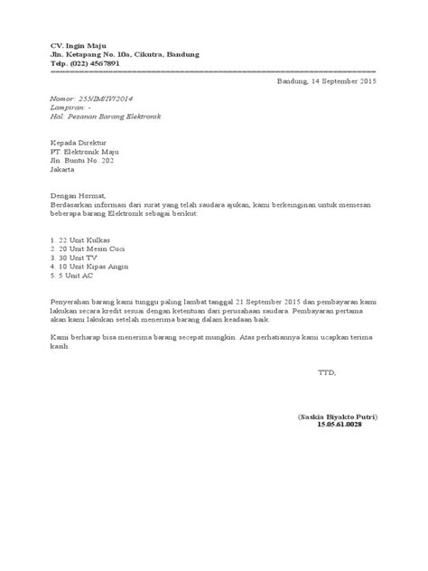Order contoh surat pemesanan barang. Surat Pemesanan Barang (Order)