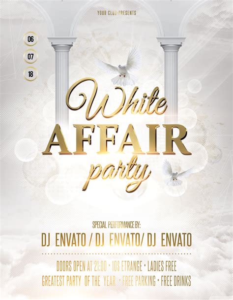 Luxury birthday party free psd flyer template, a nice birthday celebration club and party flyer template, perfect for any special birthday party and event! White Affair Party Flyer Poster