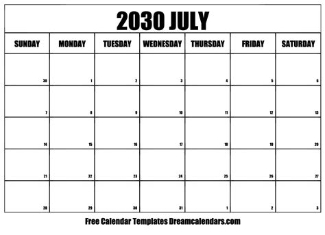 July 2030 Calendar Free Printable With Holidays And Observances