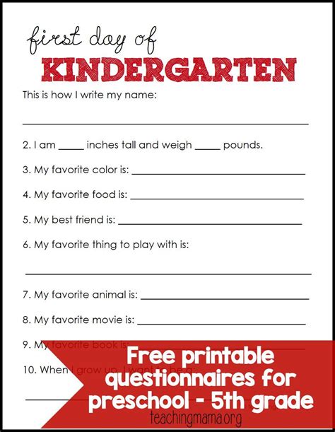 First Day Of School Questionnaires Free Printables For Preschool