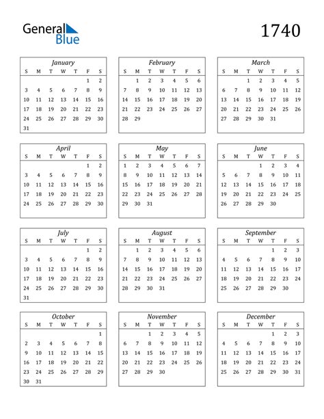 1740 Calendar Pdf Word Excel