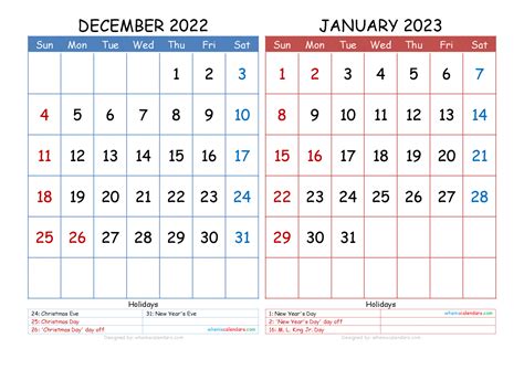 Free December 2022 January 2023 Calendar Printable Pdf