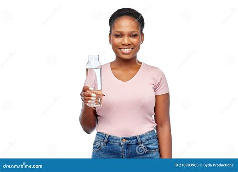 Happy African Woman Drinks Water From Glass Bottle Stock Image Image