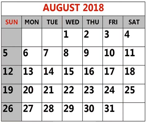 Printable Calendar August 2018 By Month Printable