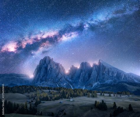 Colorful Milky Way Over Beautiful Mauntains At Night Autumn Landscape