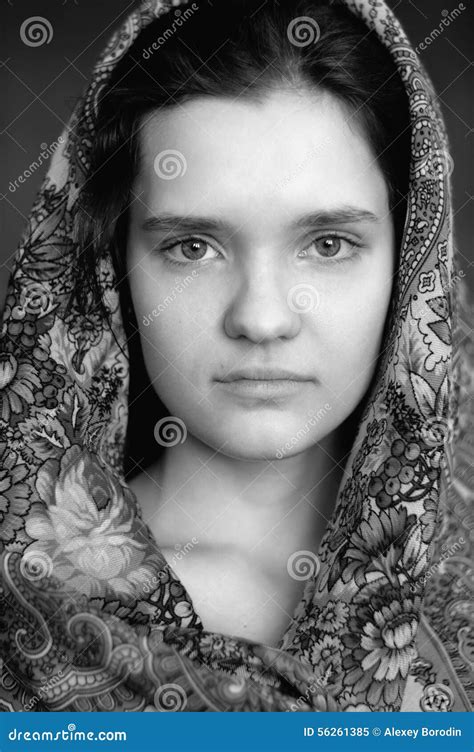 russian brunette girl in pavlo posad russian shawl staring black stock image image of