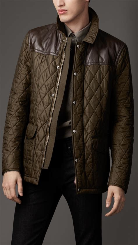 Burberry Leather Panel Quilted Jacket In Dark Olive Green