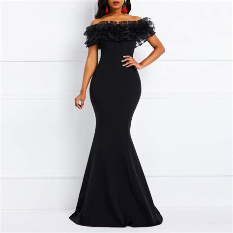 Clocolor Summer Sexy Long Party Dress Black Mesh Pleated Ruffle Evening Dinner Mermaid Tight