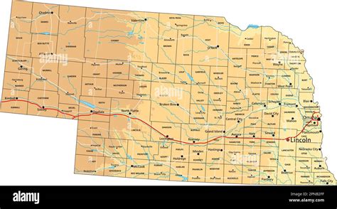 High Detailed Nebraska Physical Map With Labeling Stock Vector Image