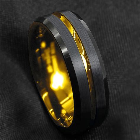 trendy 8mm black brushed stainless steel wedding ring for men gold color groove beveled edge