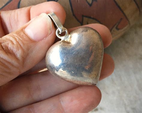 Large 925 Sterling Silver Puffy Heart Pendant Mexican Milagro Charm Jewelry Friendship Love