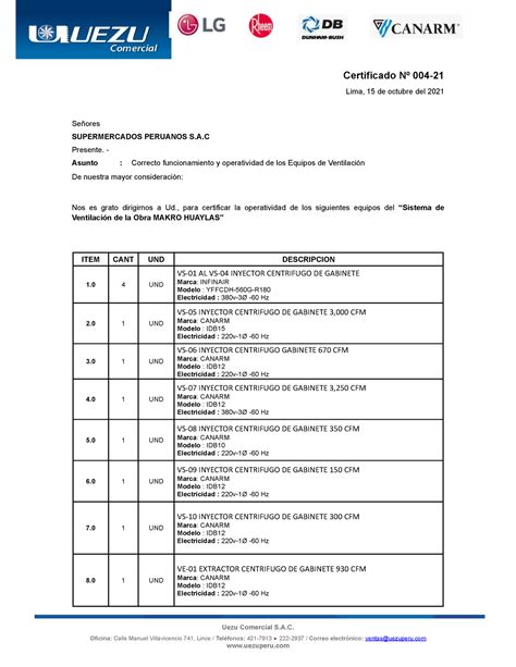 Certificado De Operatividad Ventilacion Certificado Nº 004 Lima 15