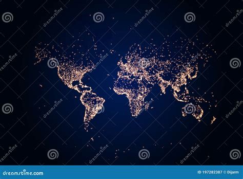 Earth Night Map Vector Illustration Of Cities Lights From Space Dark