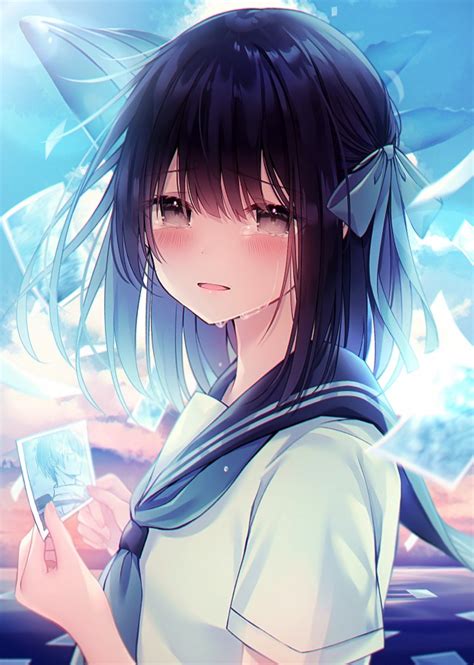 Wallpaper Anime School Girl Crying Teary Eyes Cute Black Hair Missing Someone Wallpapermaiden