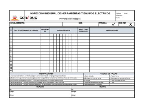 Formatos Inspeccion Mensual De Herramientas Y Equipos Electricos