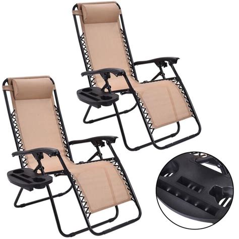 Goplus 2pc Zero Gravity Chairs Lounge Patio Folding Recliner Beige Wcup Holder In The Chaise