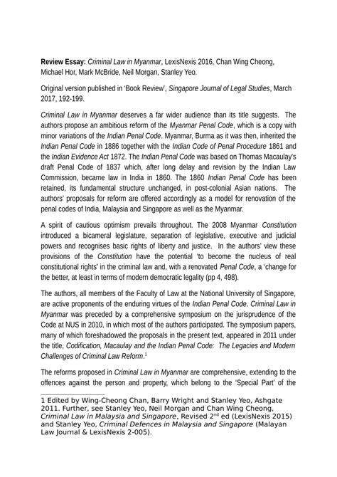 • some pain or penalty warranted by law, inflicted on a person, for the commission of a crime, or for the omission of the performance of an act required by law, by the judgment. (PDF) Review Essay: Criminal Law in Myanmar - Discussion ...